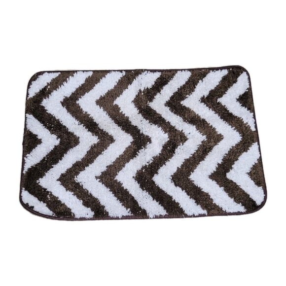 Bath Rug Short Shag Non-Slip Chevron Brown White 16 1/4" x 23 1/2" - Picture 1 of 2